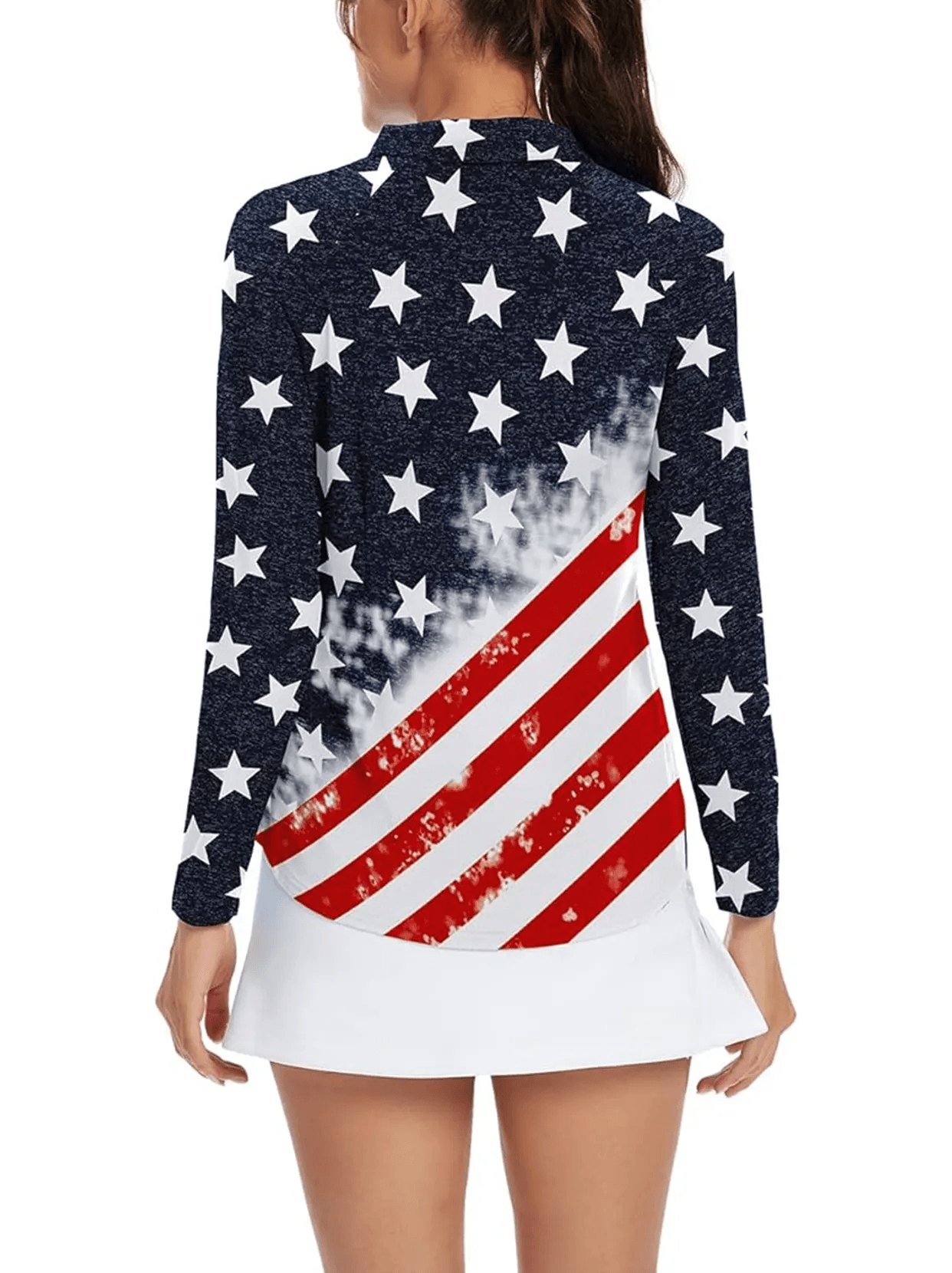 Blue American Flag Long Sleeve Polo Shirt For Women