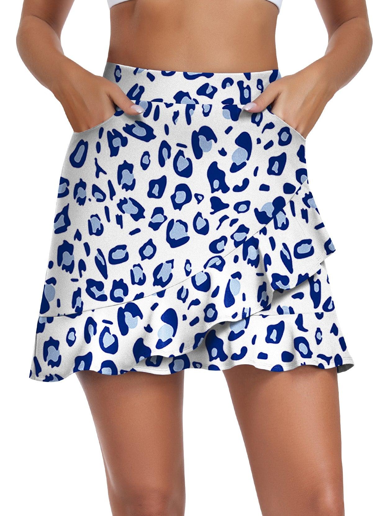 Blue Leopard Print Ruffled Golf Skort - Suitable for Outdoor Sports