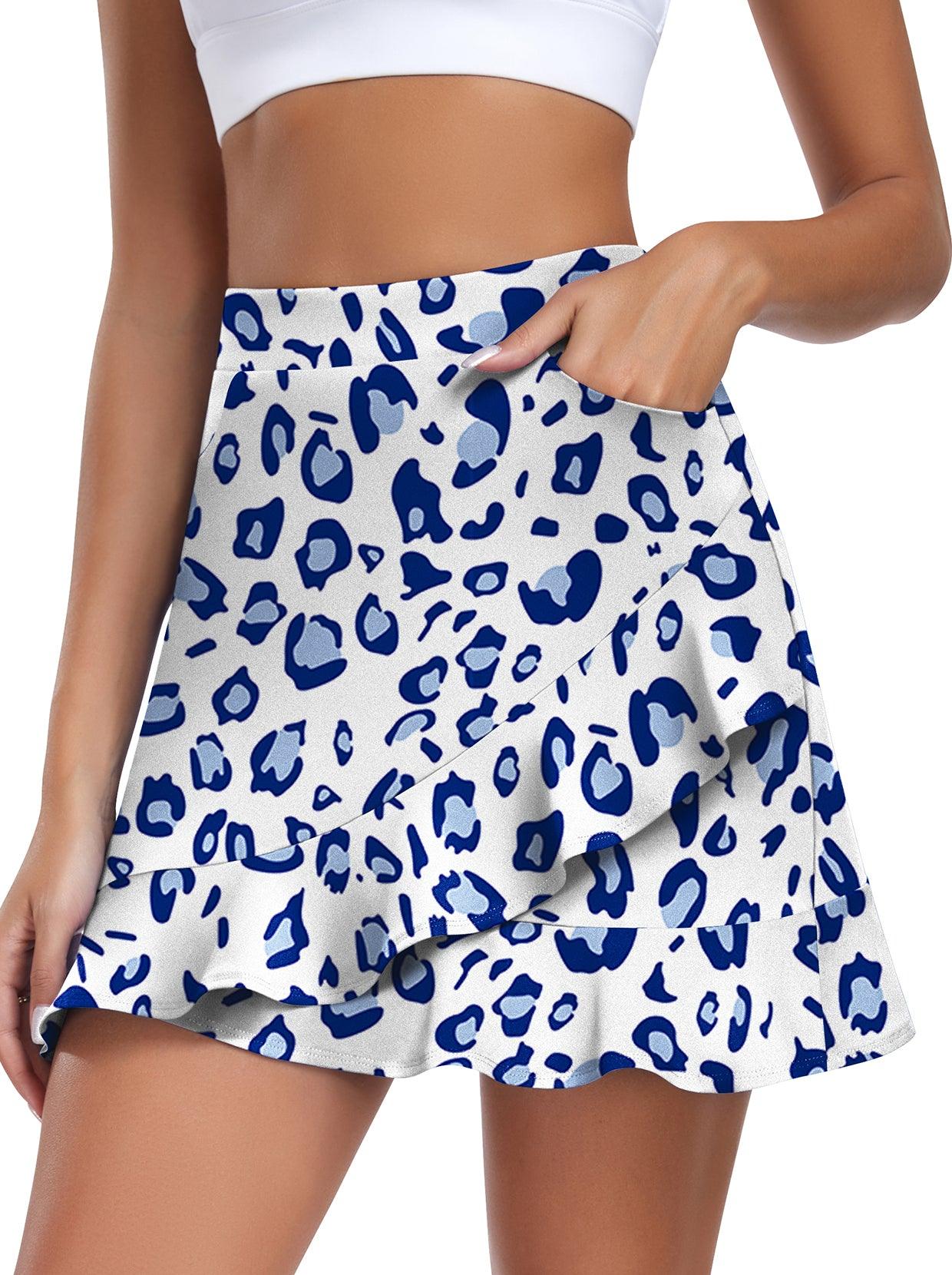 Blue Leopard Print Ruffled Golf Skort - Suitable for Outdoor Sports