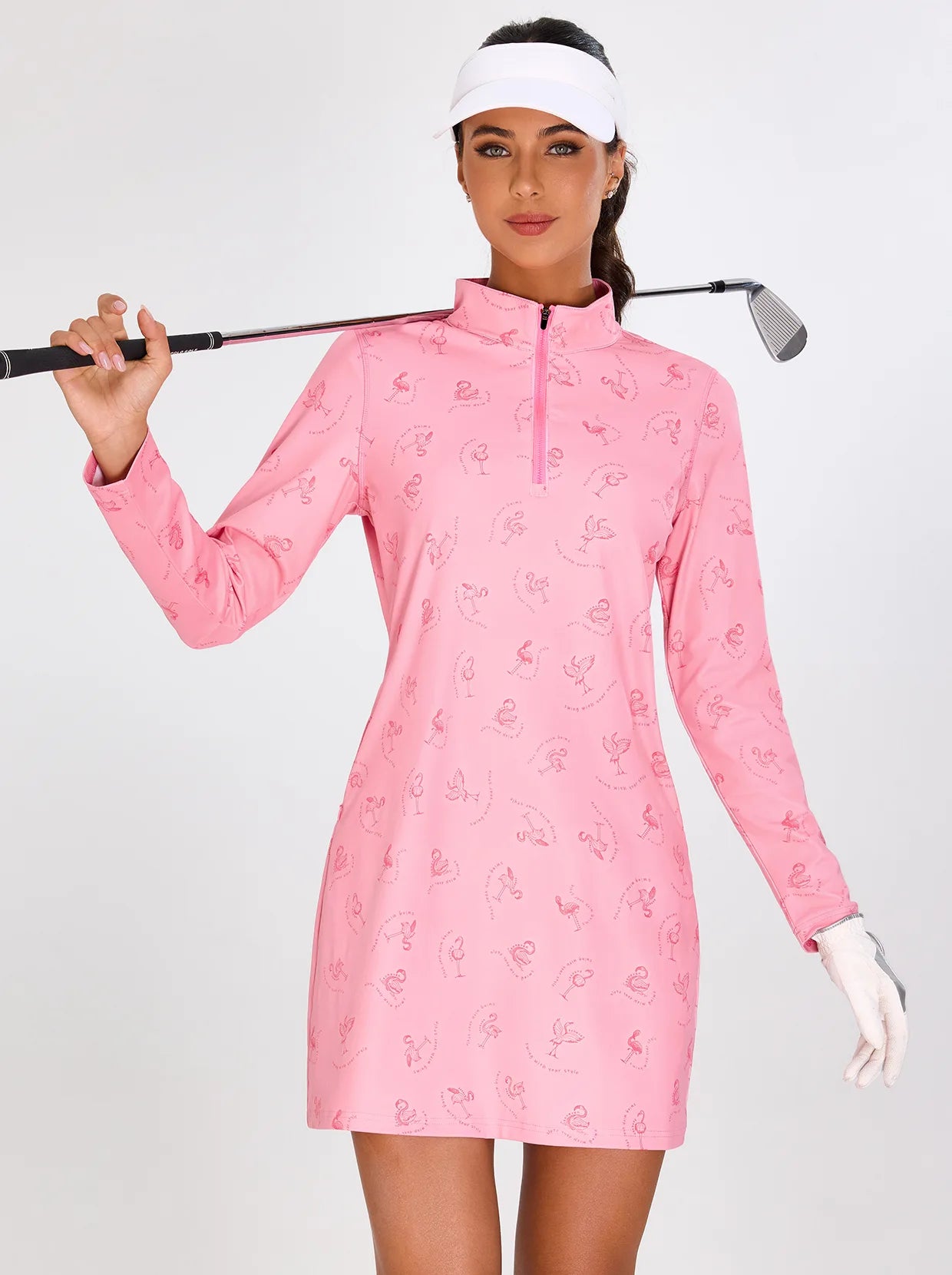 Pink Flamingo Quarter-zip Long-sleeve Golf Dress for Ladies