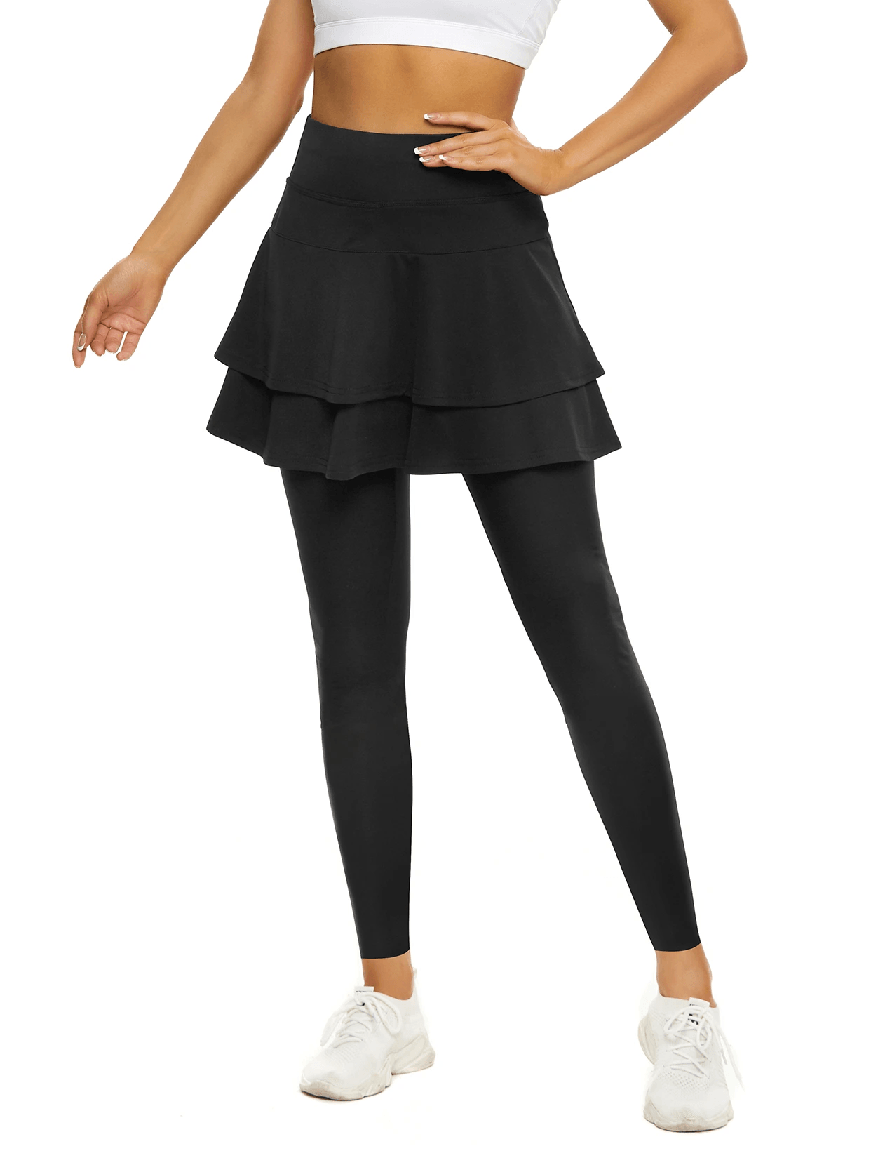 Soneven Solid Black Pleated Athletic Skirted Legging