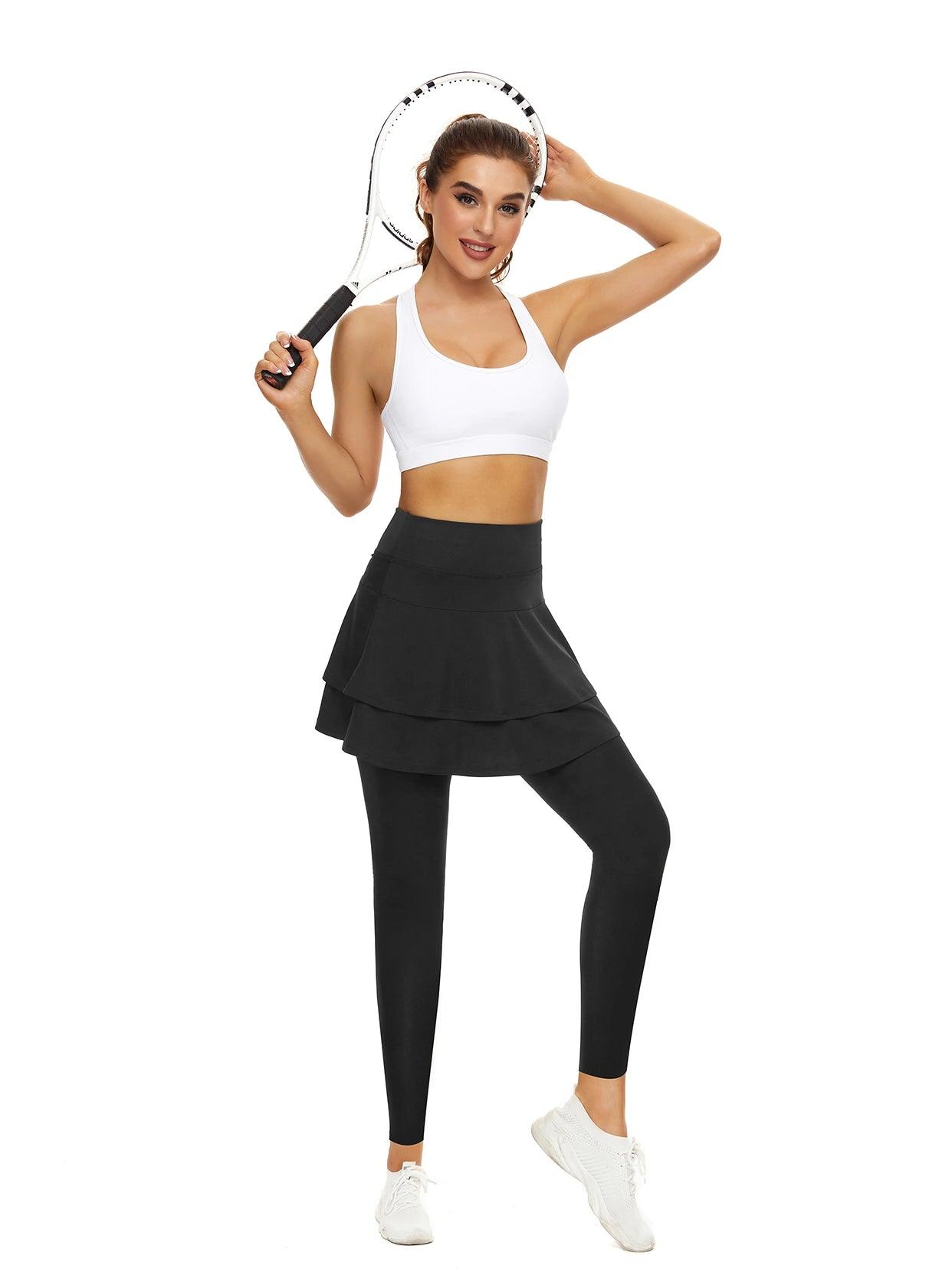 Soneven Solid Black Pleated Athletic Skirted Legging