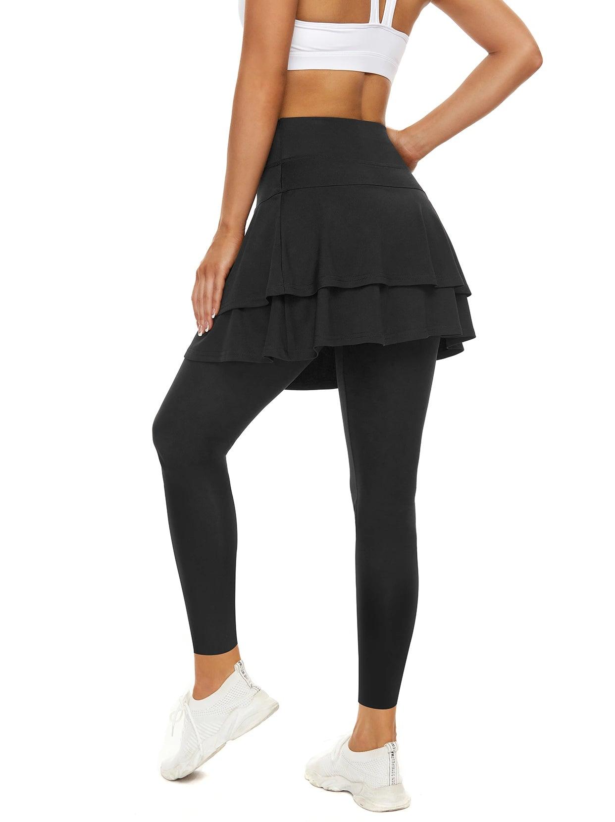 Soneven Solid Black Pleated Athletic Skirted Legging