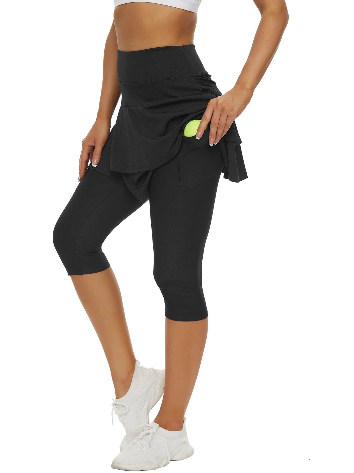 Soneven Solid Black Pleated Athletic Skirted Legging