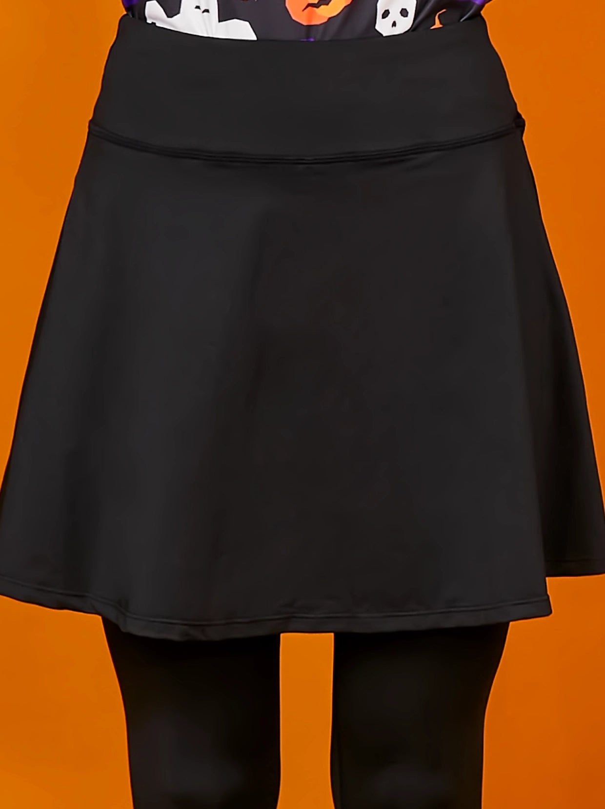 Solid Black Pleated Skirted Leggings For Women