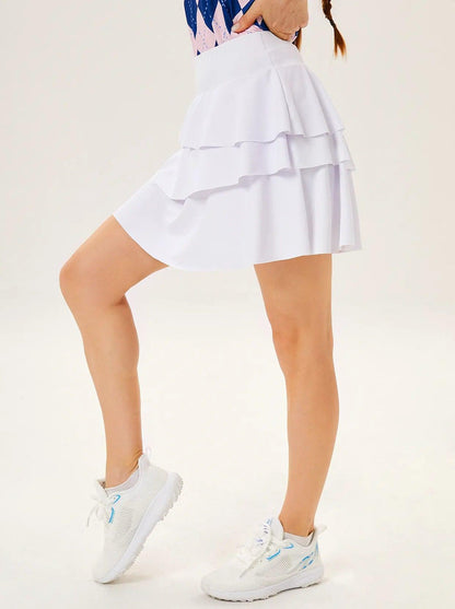 White Three-Tier Ruffled Skort for Women - Suitable for Tennis