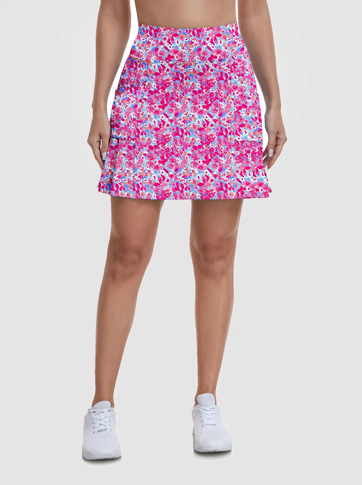 Ladies Rose-red Floral Pleated Skort with Shorts 