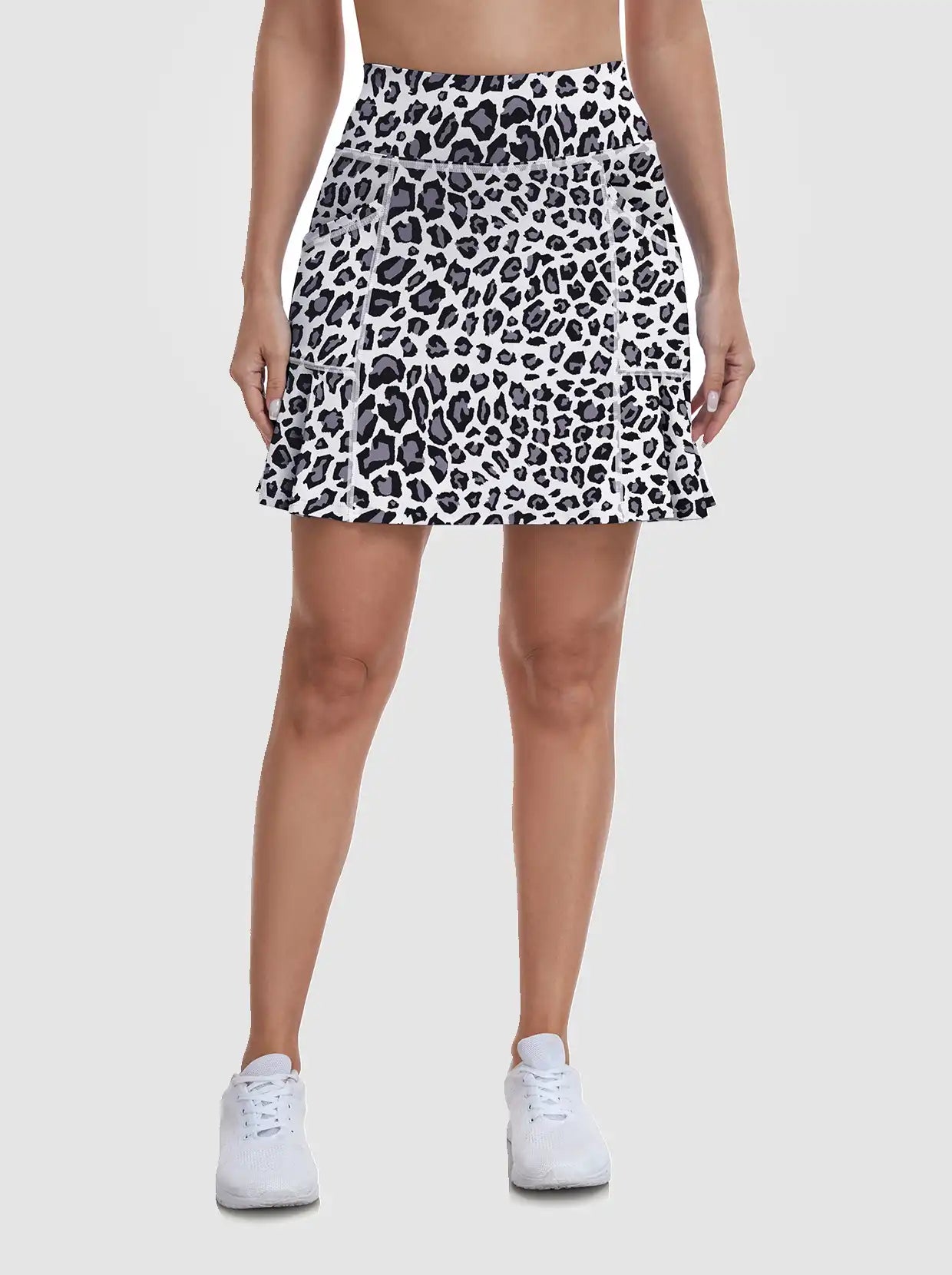 Ladies Black Leopard Pleated Skort with Shorts and Pockets 