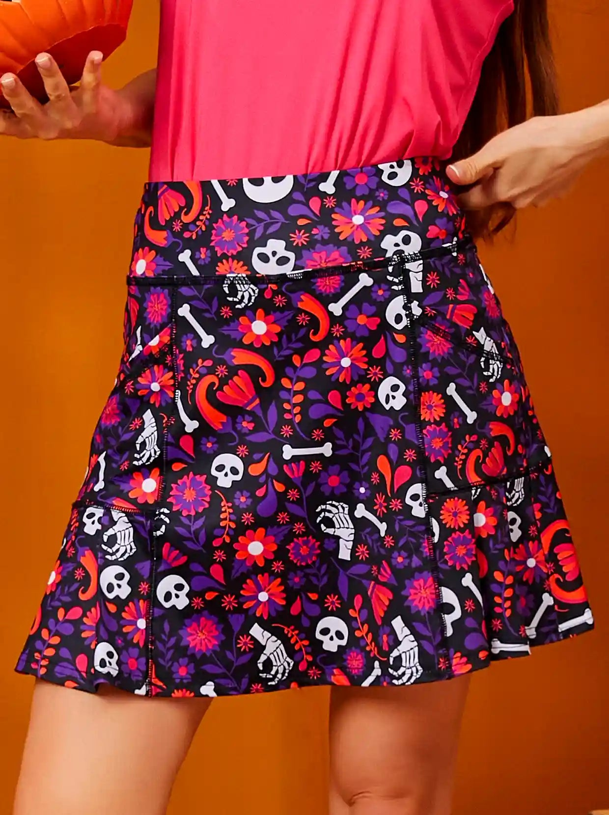 Halloween Purple Flower and Skull Pleated Skort for Women