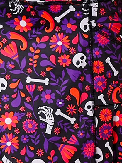 Halloween Purple Flower and Skull Pleated Skort for Women