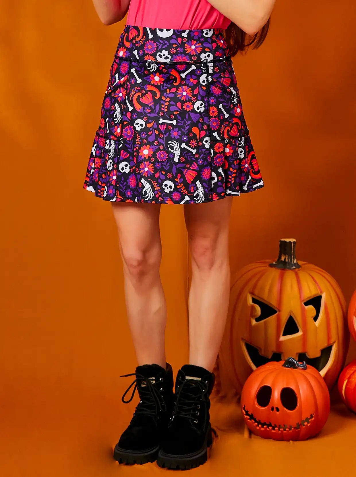 Halloween Purple Flower and Skull Pleated Skort for Women