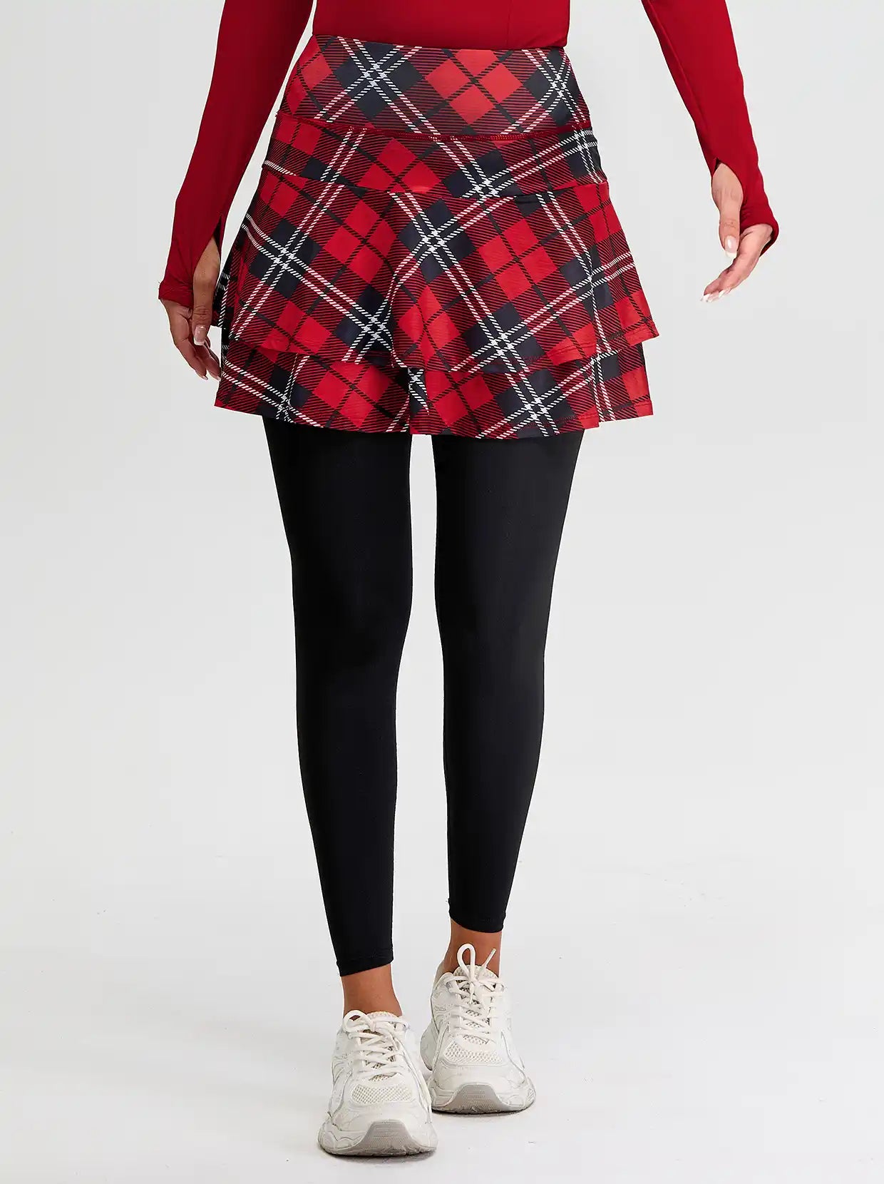 Christmas Red Checkerboard Pleated Athletic Skirted Leggings