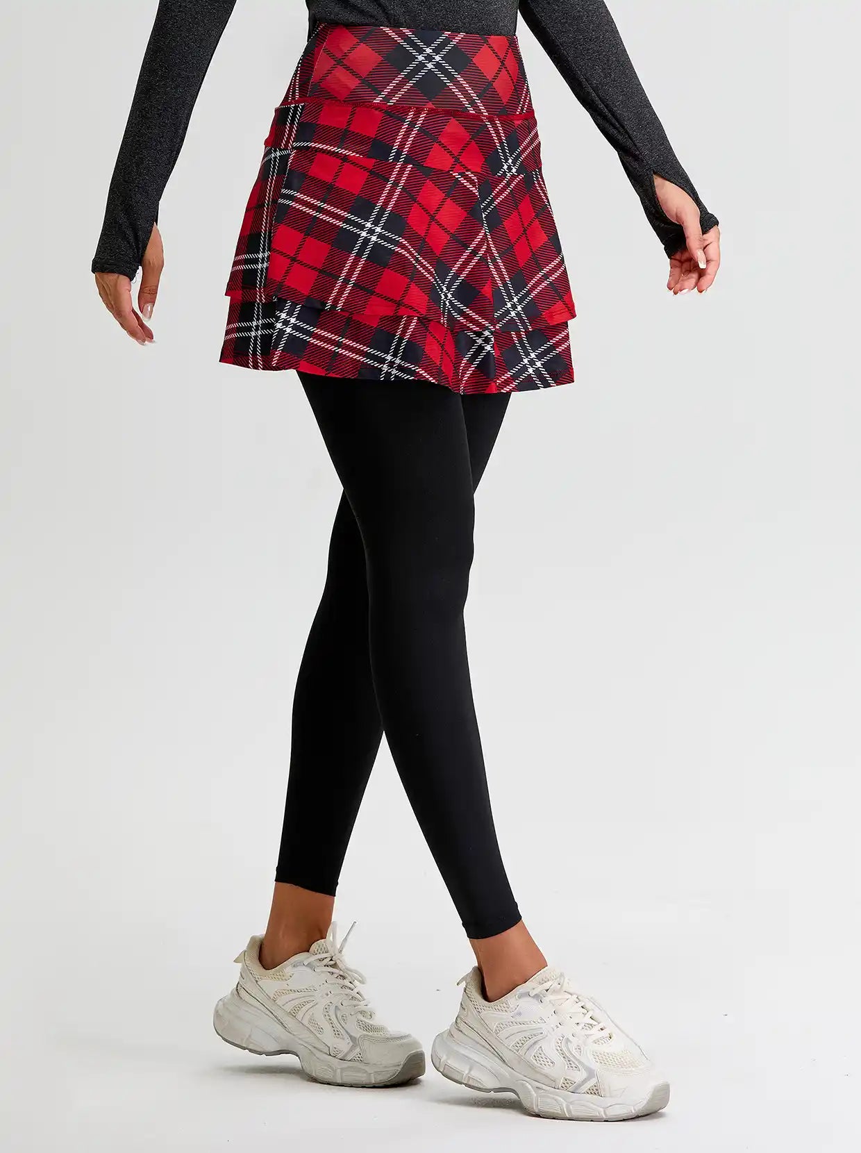 Christmas Red Checkerboard Pleated Athletic Skirted Leggings