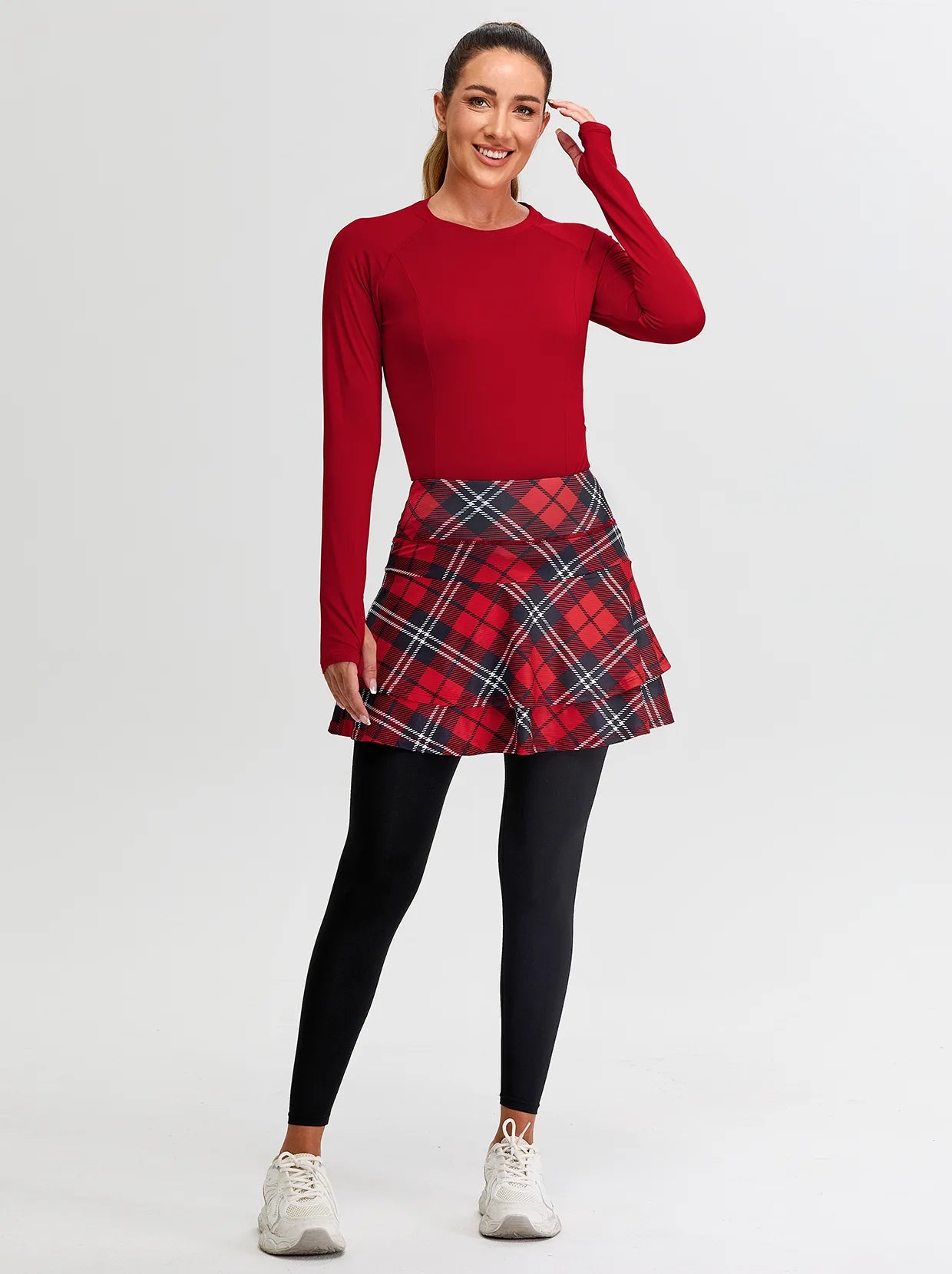 Christmas Red Checkerboard Pleated Athletic Skirted Leggings