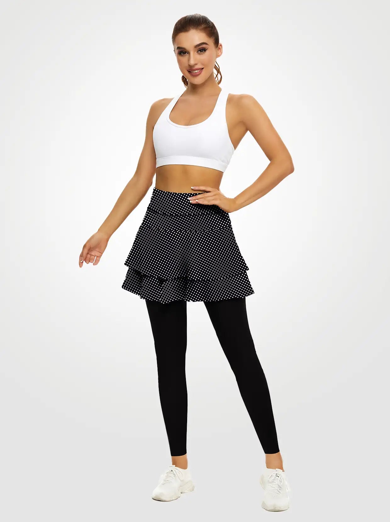 White Dot Pleated Athletic Skirted Leggings for Women