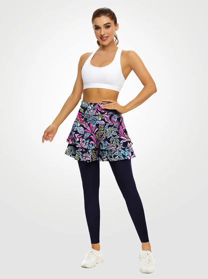 Purple and Blue Print Pleated Athletic Skirted Leggings