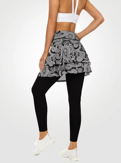 White Paisley Double layer Ruffled Athletic Skirted Leggings