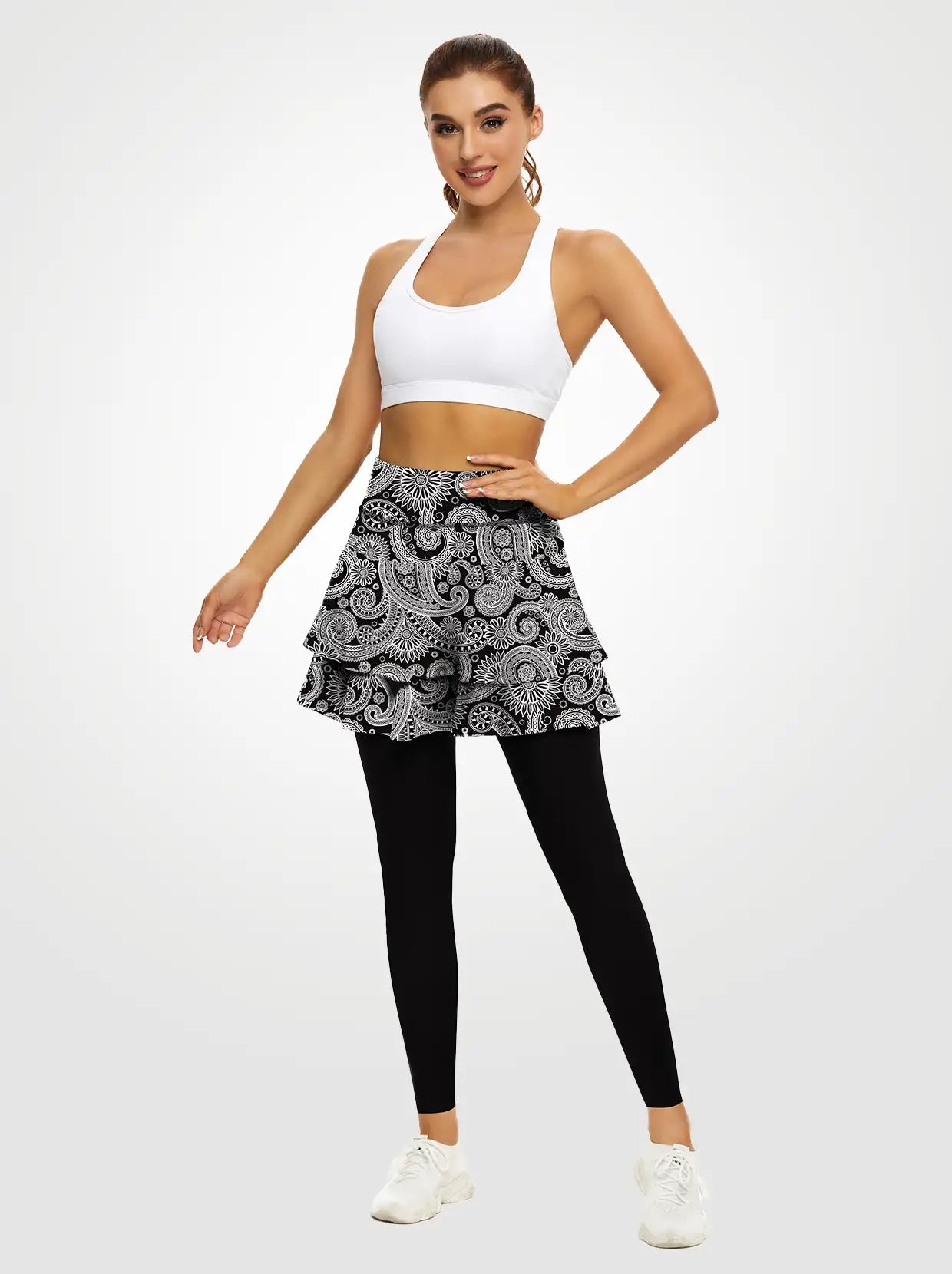 White Paisley Double layer Ruffled Athletic Skirted Leggings