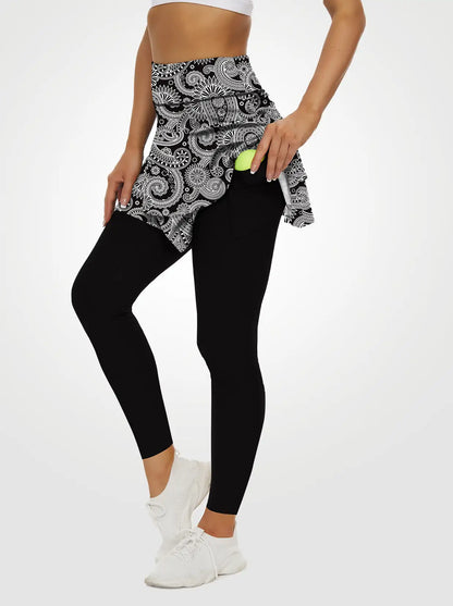 White Paisley Double layer Ruffled Athletic Skirted Leggings