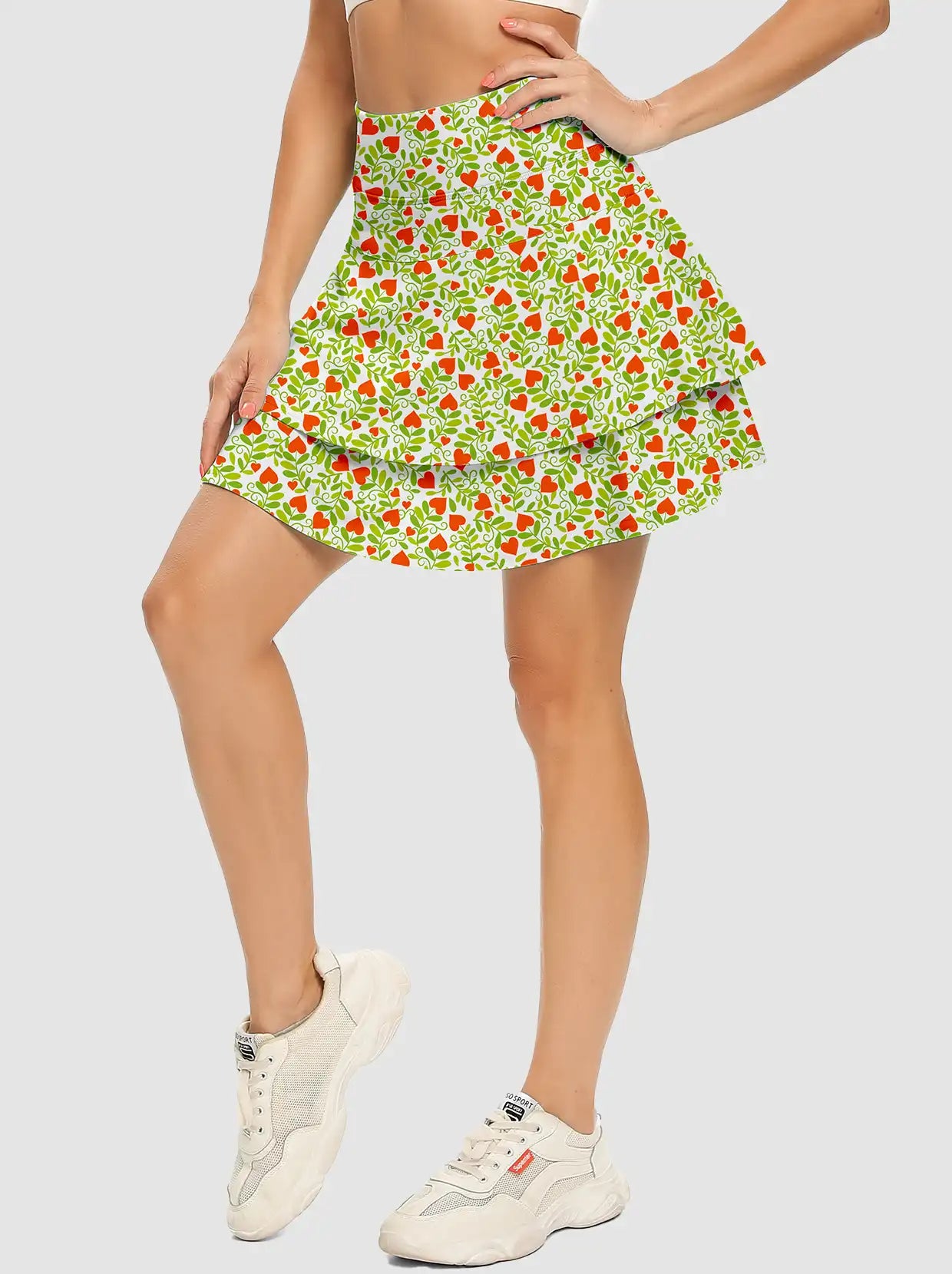 Orange Heart and Green Leave Double-Layer Active Skorts with Pockets 