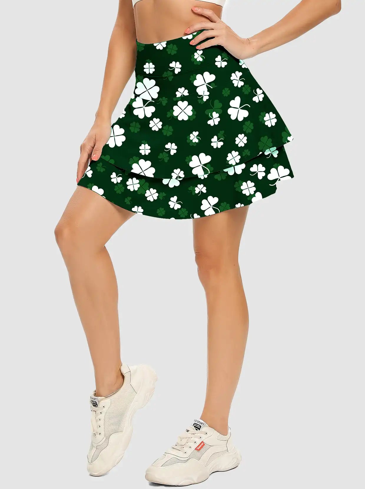 White Four-leaf Clover 15" Double-Layer Active Skorts with Pockets