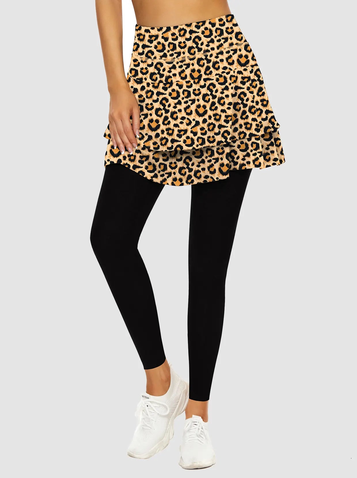 Leopard Print Double-layered Skirted Leggings with Pockets