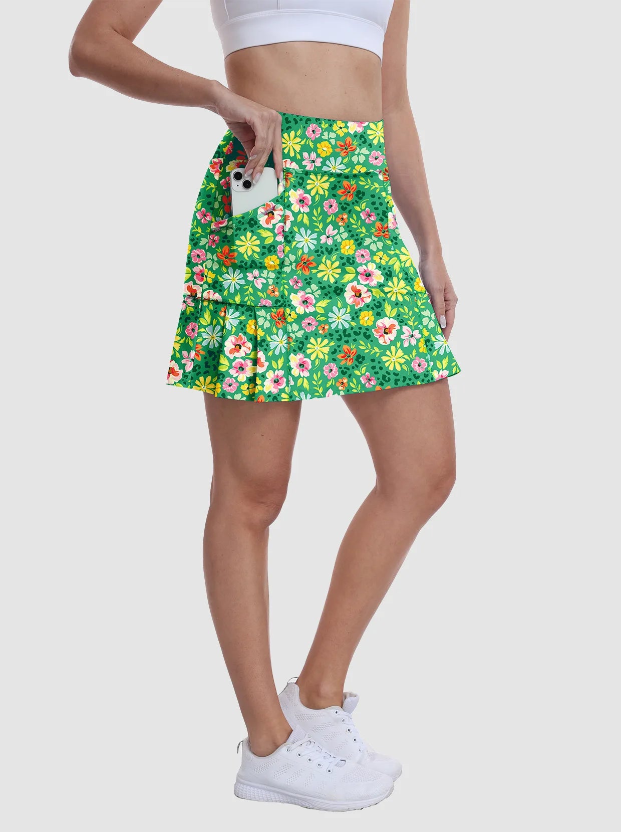 Ladies 17"Green Floral Pleated Skort with Shorts and Pockets 