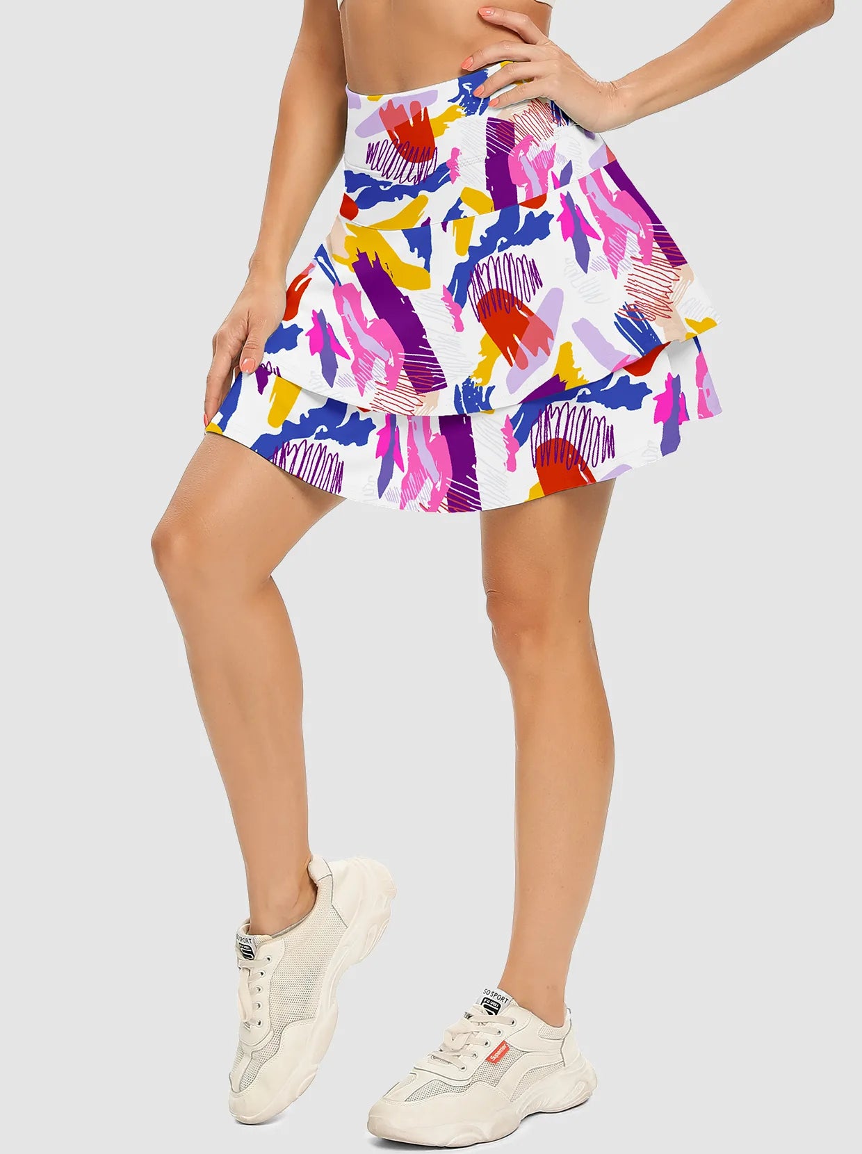 Women's 15" Colorful Print Double-layer Skort with Shorts and Pockets