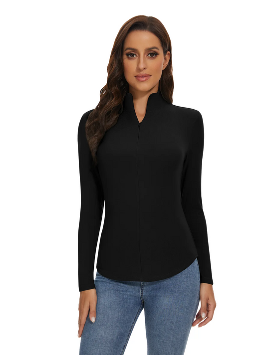 Solid Black Stand collar Quarter-zip Long-sleeve Fleece Top for Women