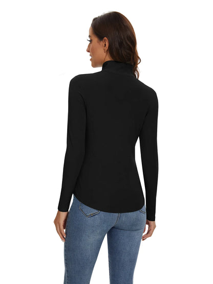 Solid Black Stand collar Quarter-zip Long-sleeve Fleece Top for Women