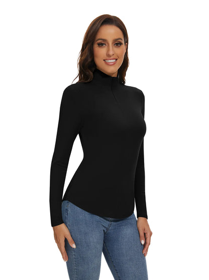 Solid Black Stand collar Quarter-zip Long-sleeve Fleece Top for Women