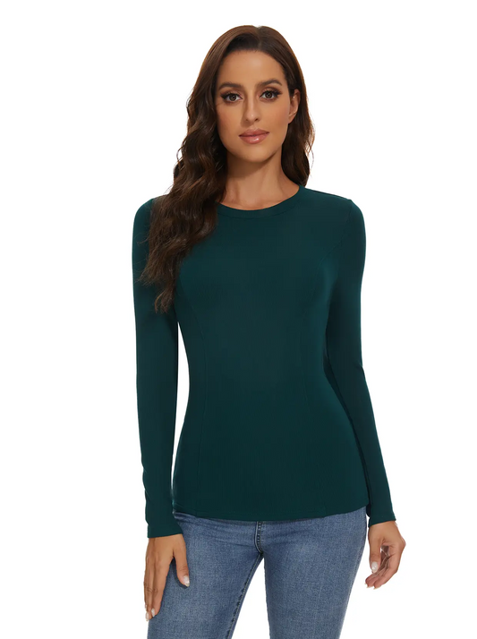 Dark Green Crew-neck long-sleeve Fleece Top for Women
