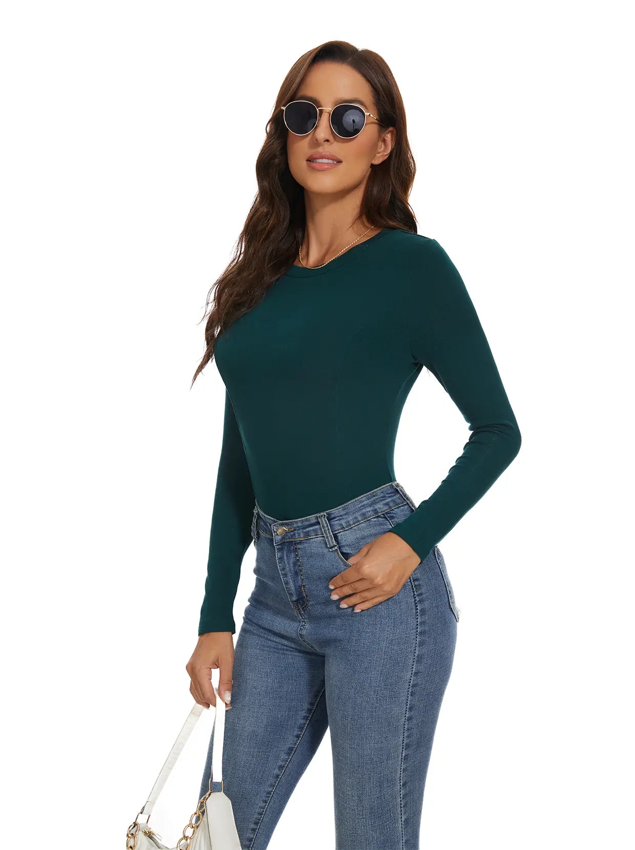 Dark Green Crew-neck long-sleeve Fleece Top for Women