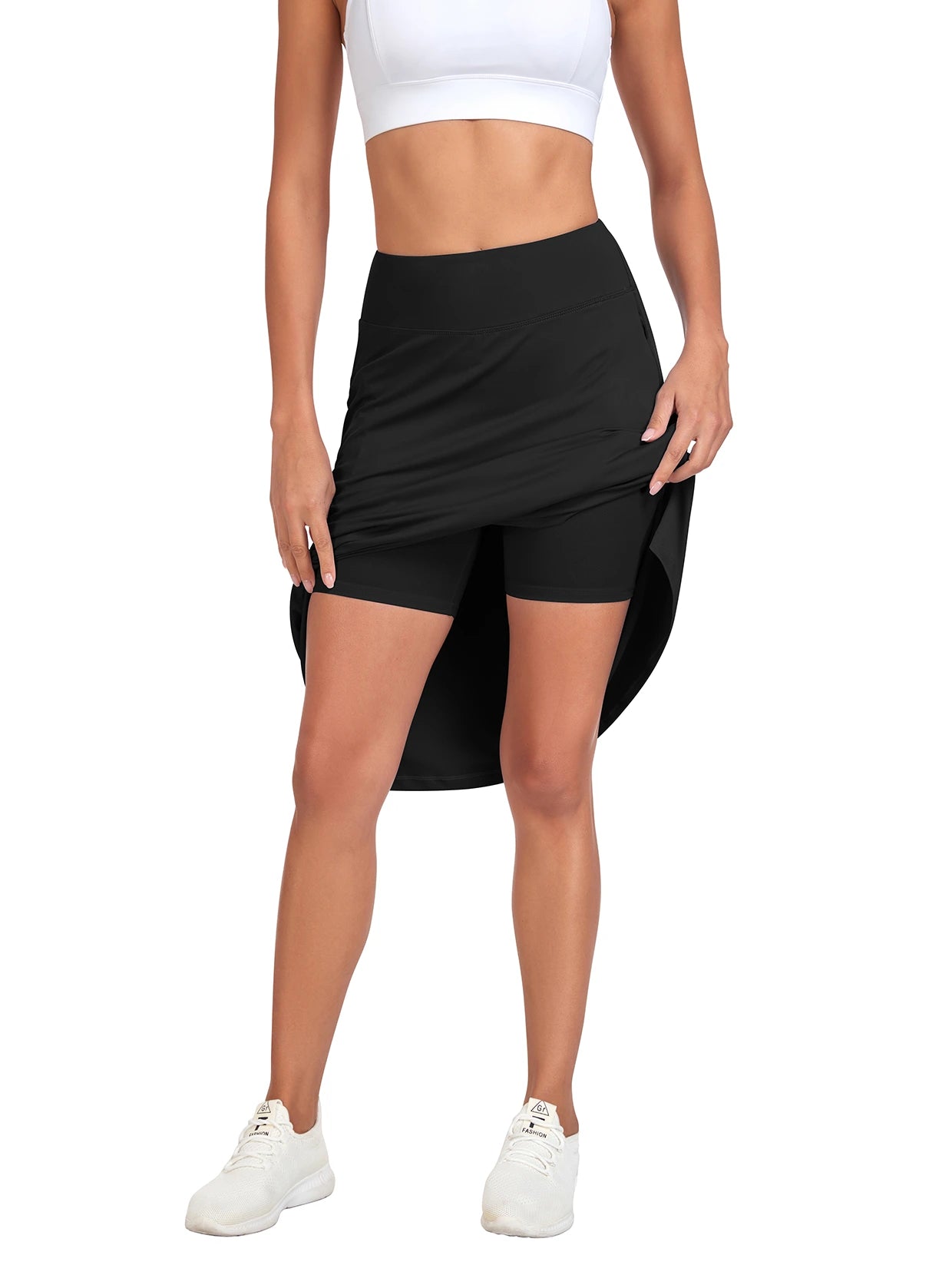 Solid Black 25" Midi Skorts with Pockets For Ladies