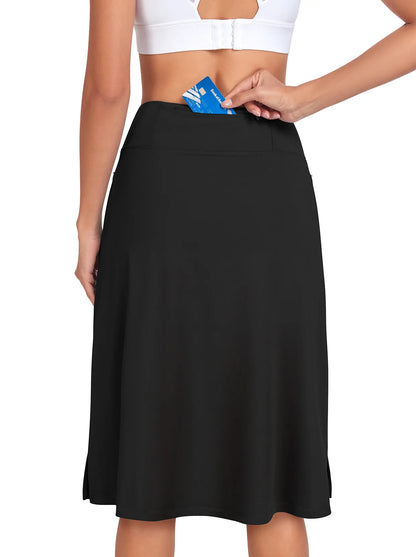 Solid Black 25" Midi Skorts with Pockets For Ladies