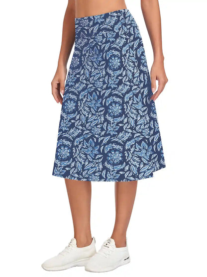 Blue Floral 26" Midi Skorts with Pockets For Ladies 