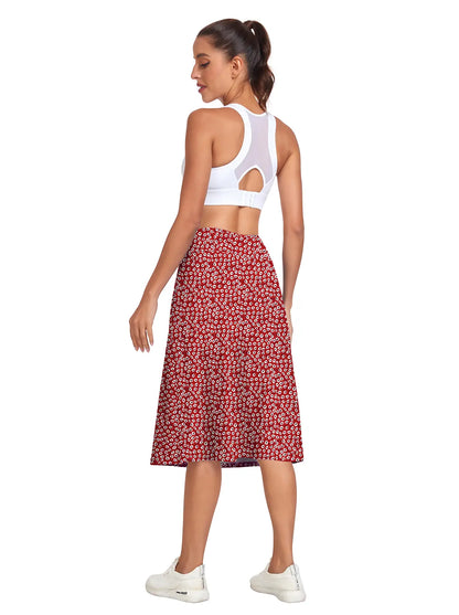 Red Floral 25" Midi Skort with Pockets For Ladies