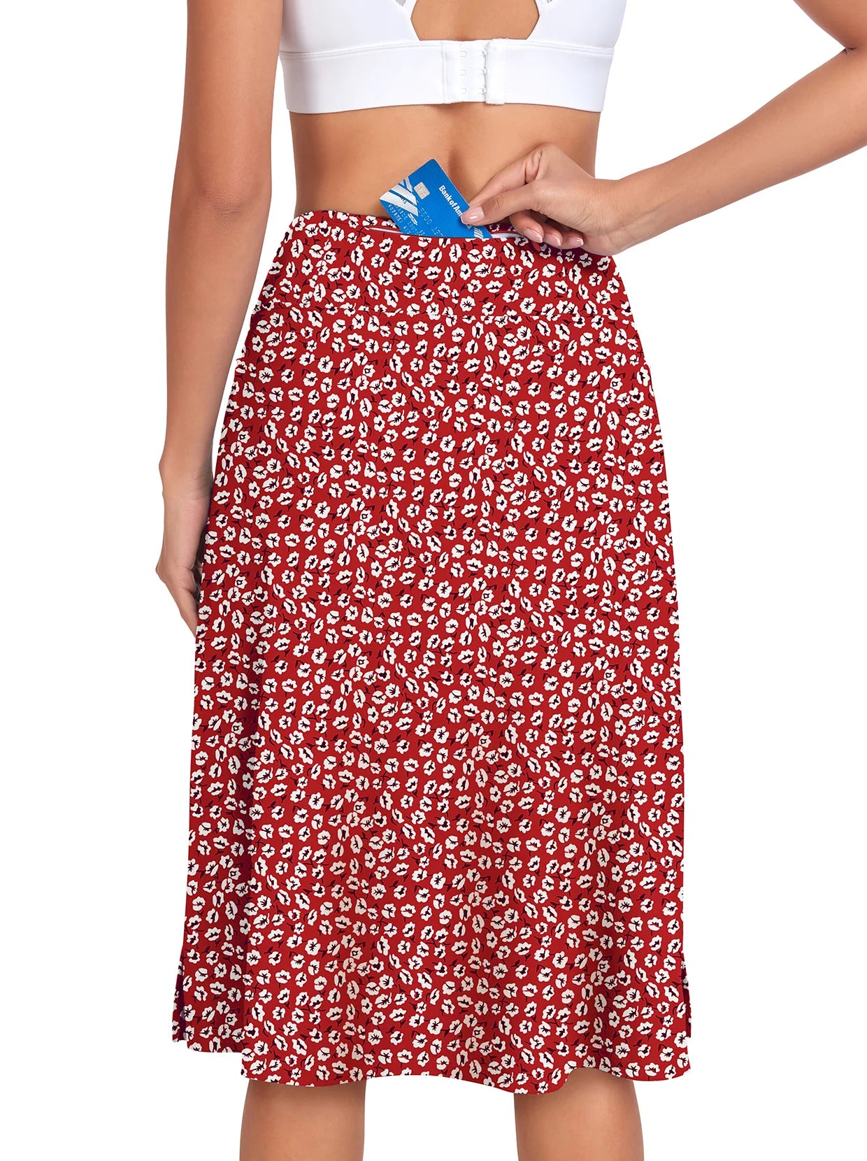 Red Floral 25" Midi Skort with Pockets For Ladies