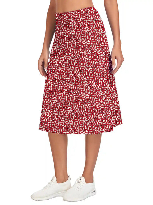 Red Floral 25" Midi Skort with Pockets For Ladies 