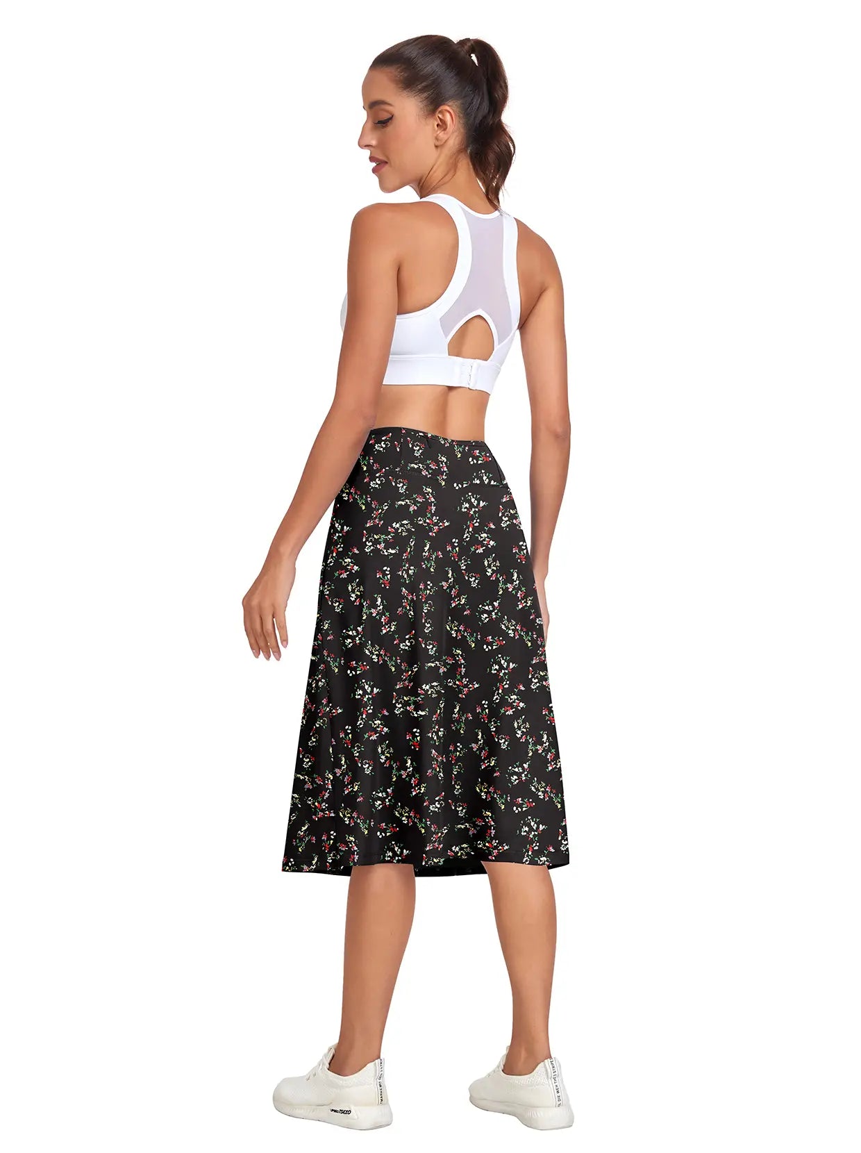 Black Floral 25" Midi Skort with Pockets For Women