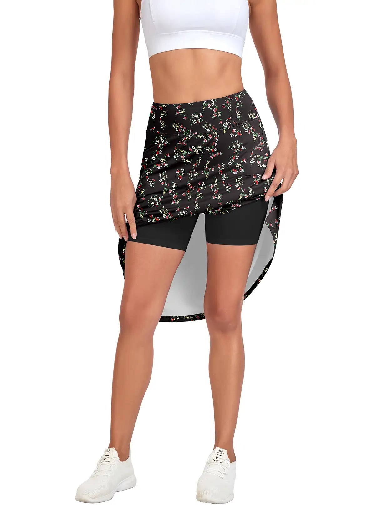 Black Floral 25" Midi Skort with Pockets For Women