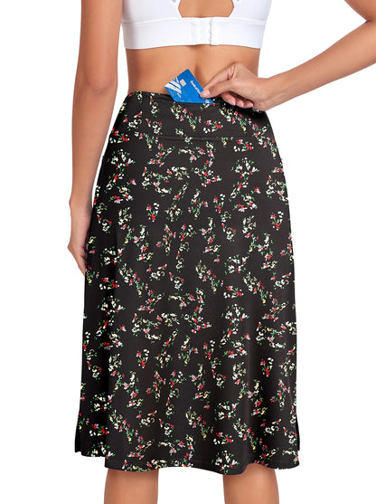 Black Floral 25" Midi Skort with Pockets For Women