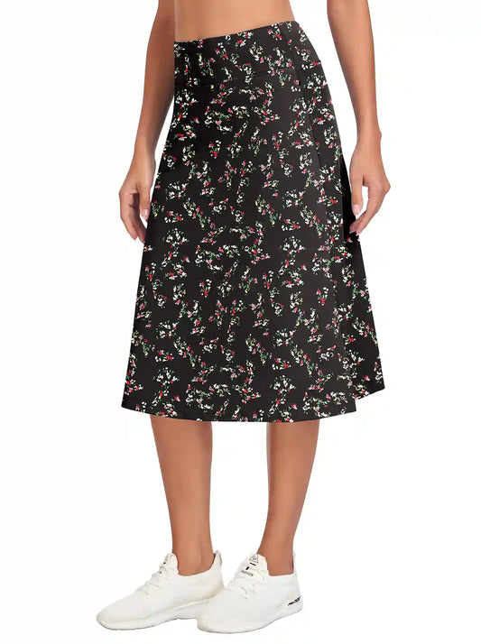 Black Floral 25" Midi Skort with Pockets For Women 