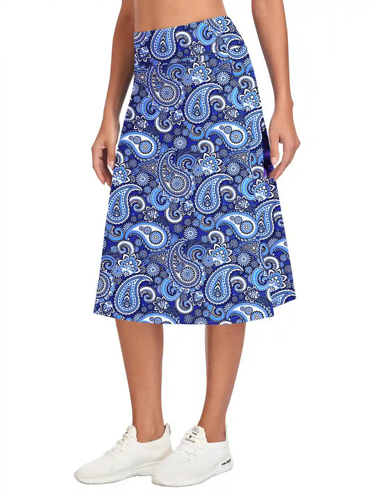 Blue Paisley 25" Midi Skort with Pockets For Women 