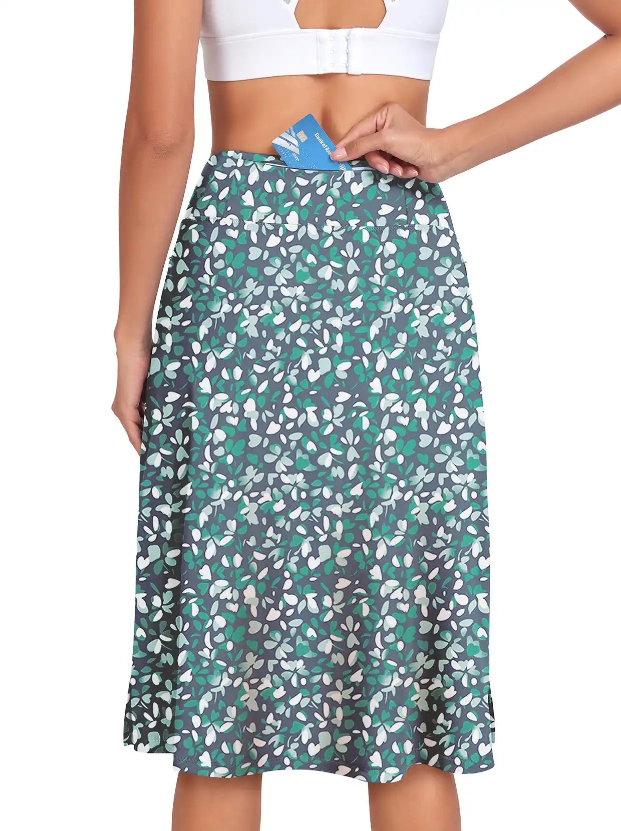 Green Floral 25" Midi Skort with Pockets For Women