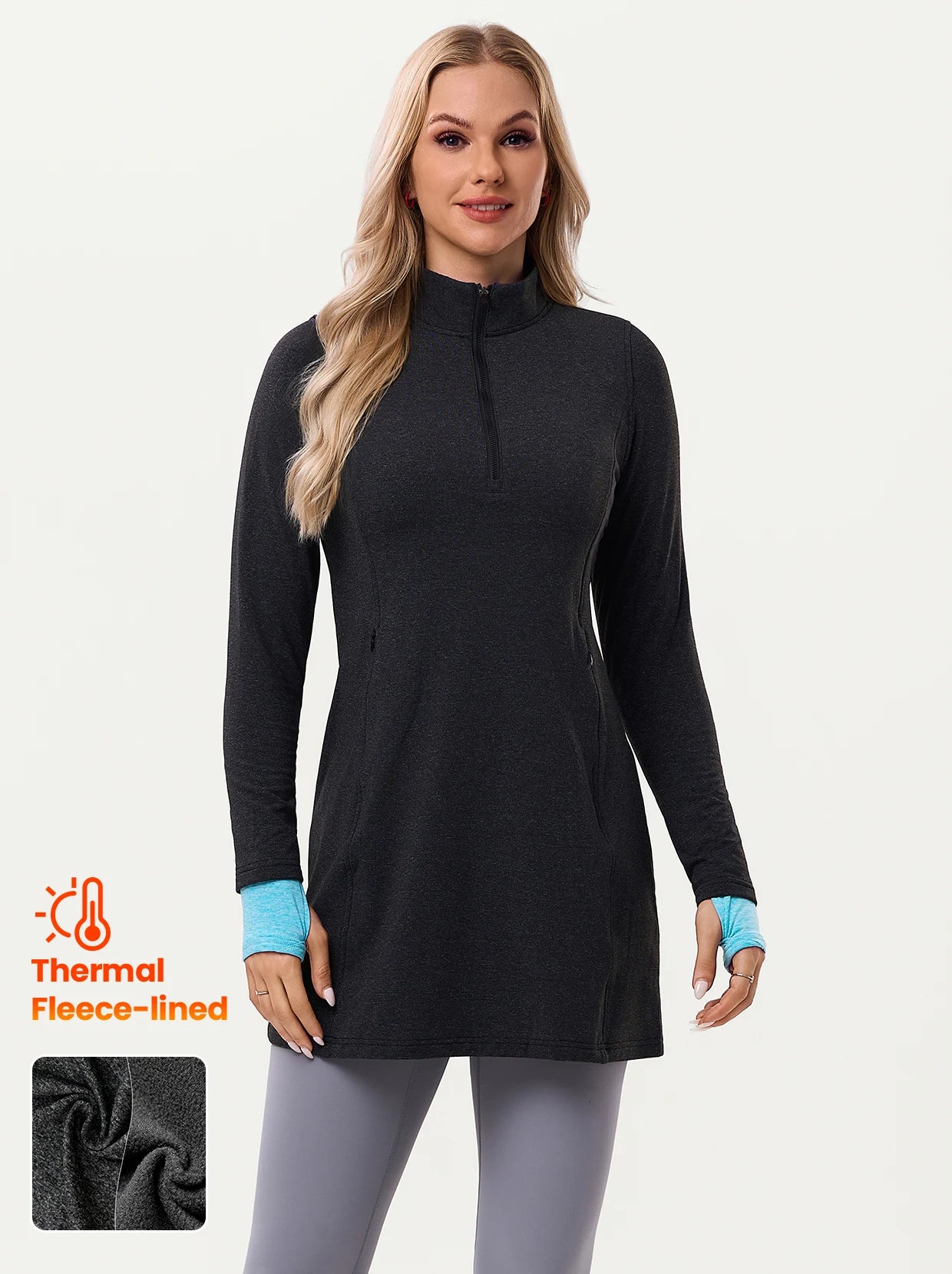 Quarter-zip Long-sleeve Fleece Dresses with Pockets