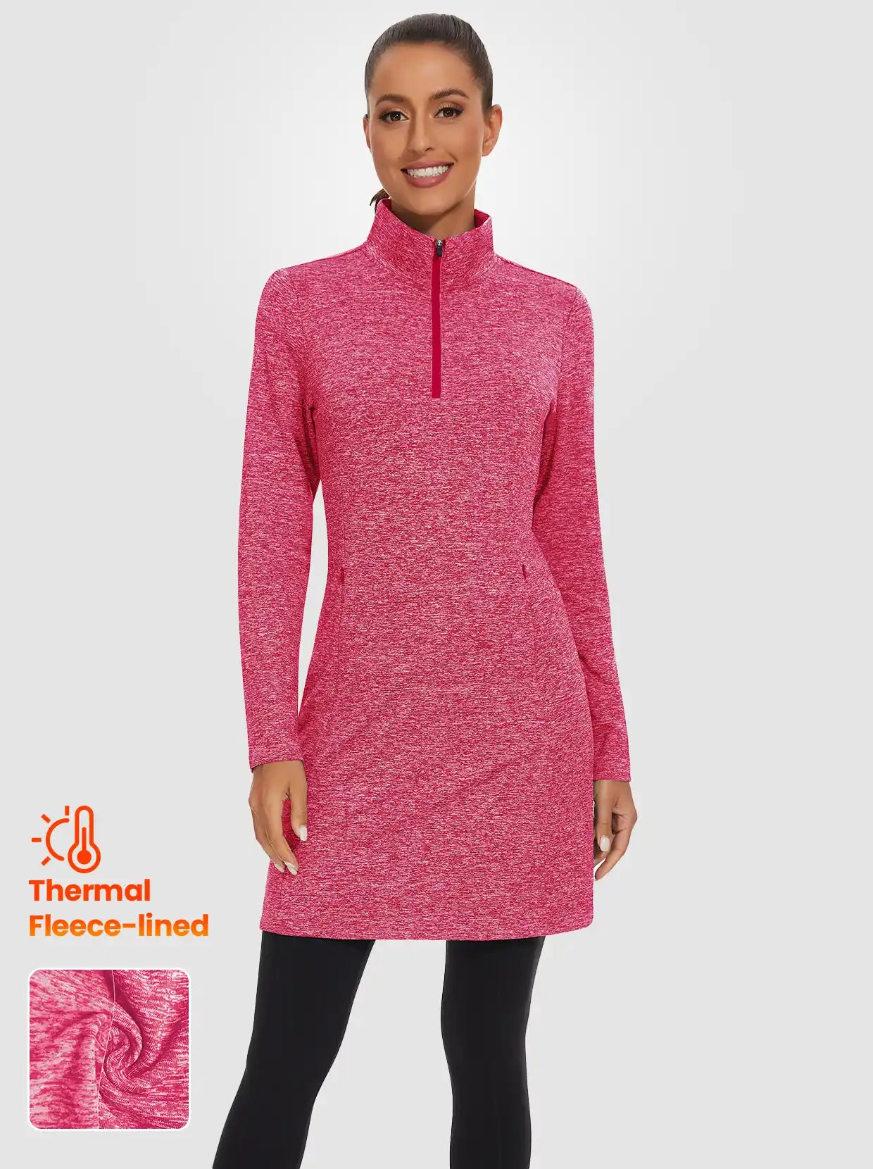 Quarter-zip Long-sleeve Fleece Dresses with Pockets