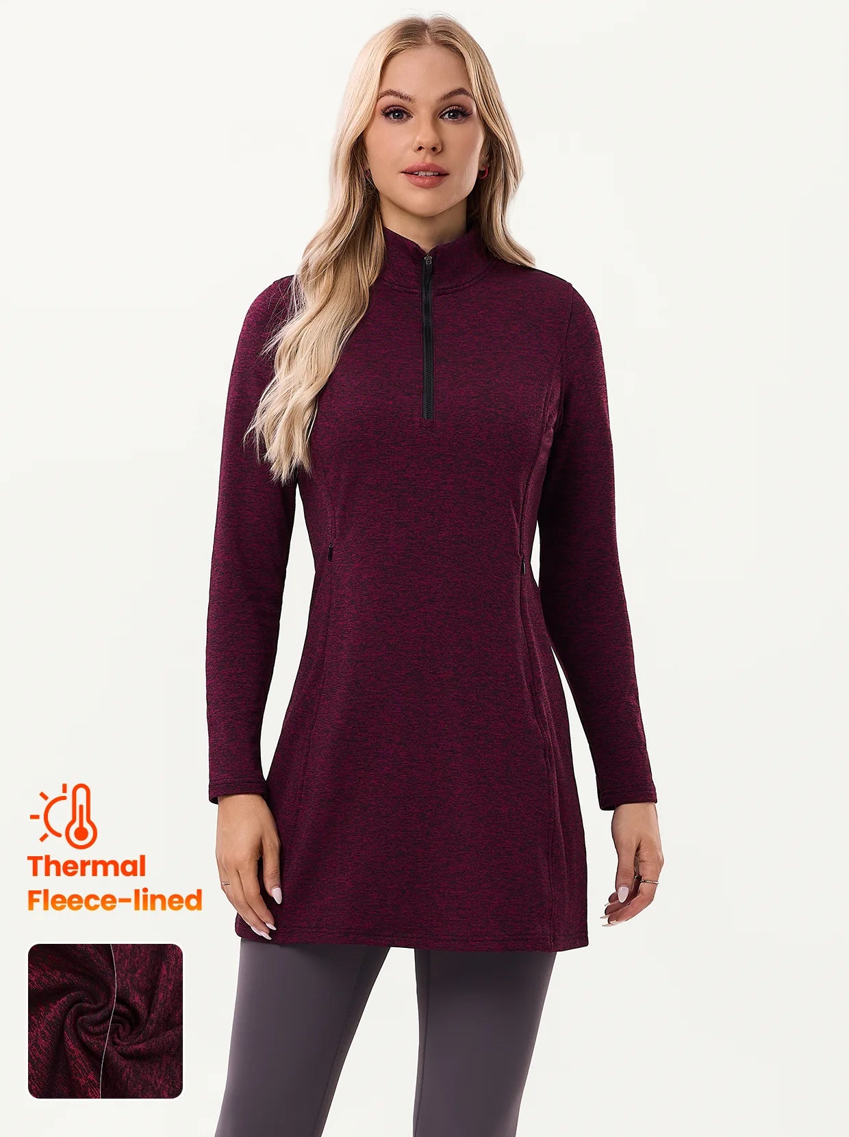 Quarter-zip Long-sleeve Fleece Dresses with Pockets