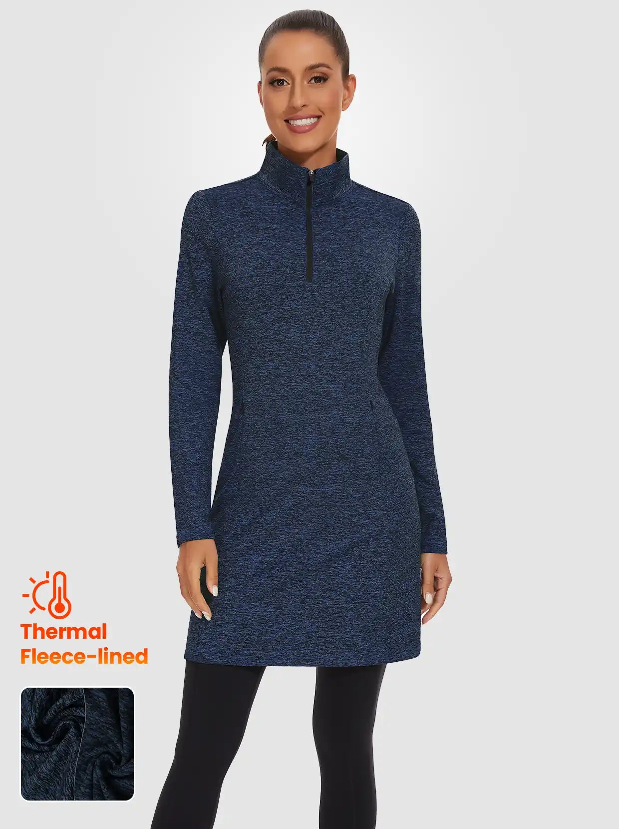 Quarter-zip Long-sleeve Fleece Dress with Pockets 