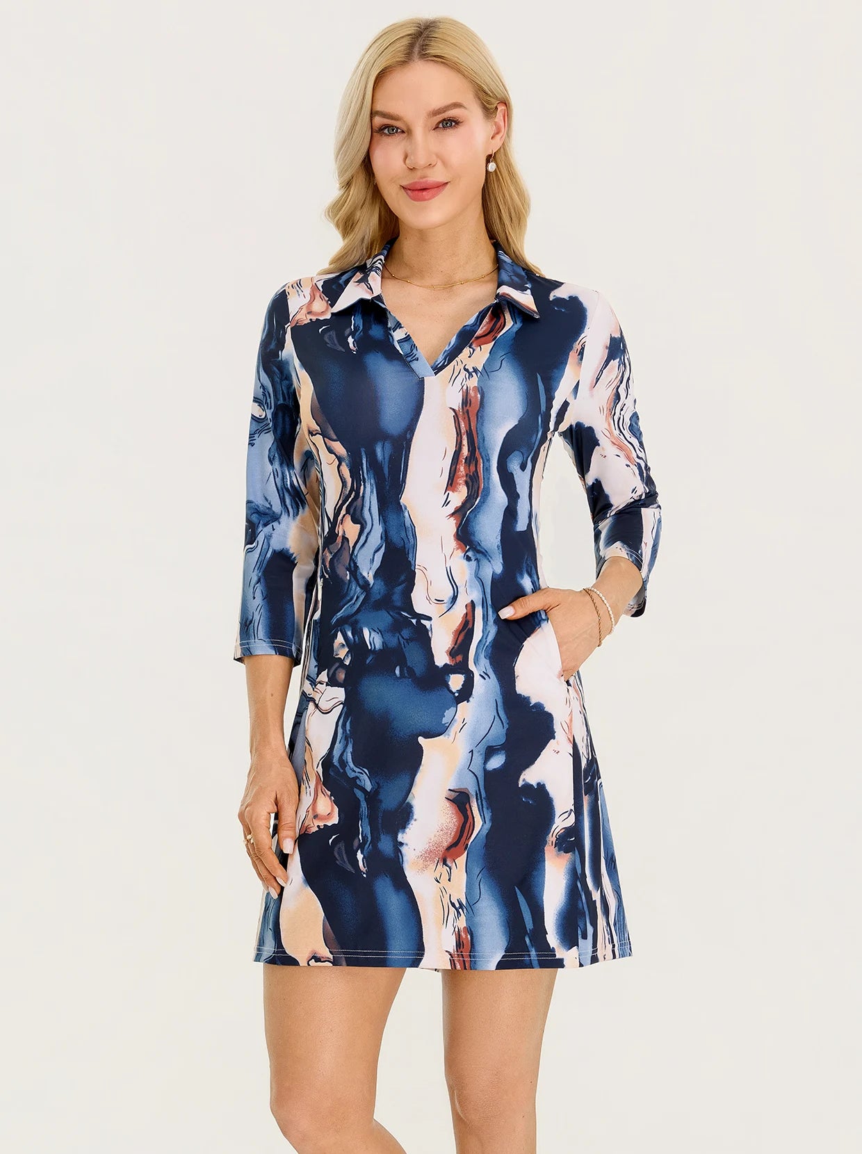 35" V-neck 3/4 Sleeve Polo Dresses with Pockets